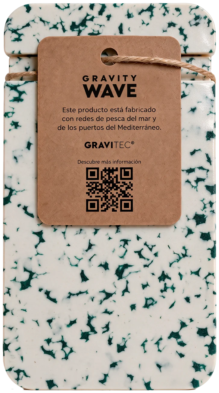 Phone stand with the standard Gravity Wave kraft tag